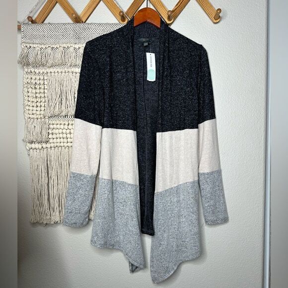 Grey Color-block Striped Open-front Sweater Small - Picture 1 of 4